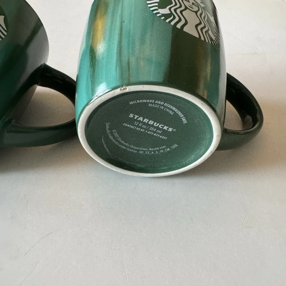 Starbucks 2022 Coffee Mugs Set Of 2 Marbled Green 15 oz Grande Ceramic Mermaid